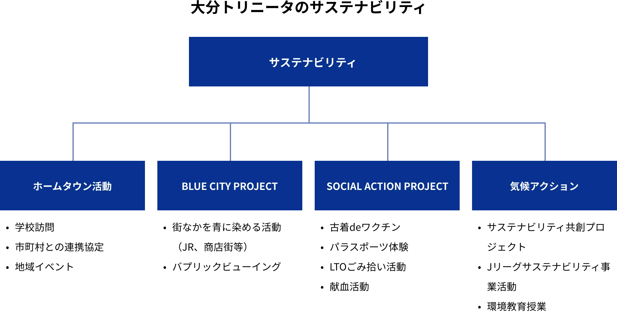 大分トリニータはサステナビリティとして、ホームタウン活動は学校訪問、連携協定、地域イベント。BLUE CITY PROJECTは街なかを青に染める活動（JR、商店街等）、バプリックビューイング、1日警察署長。SOCIAL ACTION PROJECTは古着deワクチン、パラスポーツ体験、LTOごみ拾い活動、献血活動。気候アクションはサステナビリティ競争プロジェクト、Jリーグサステナビリティ事業活動、環境教育事業を行っております。